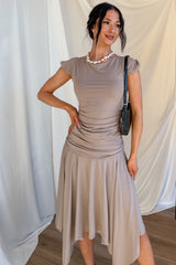 Effortlessly You Ruched Flutter Sleeve Top (Taupe)