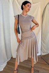 Effortlessly You Ruched Flutter Sleeve Top (Taupe)
