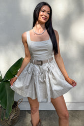 Hit Your Stride A-Line Belted Poplin Mini Dress (Oyster)