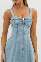 Emilio Pleated Bust A-Line Midi Dress Denim Blue