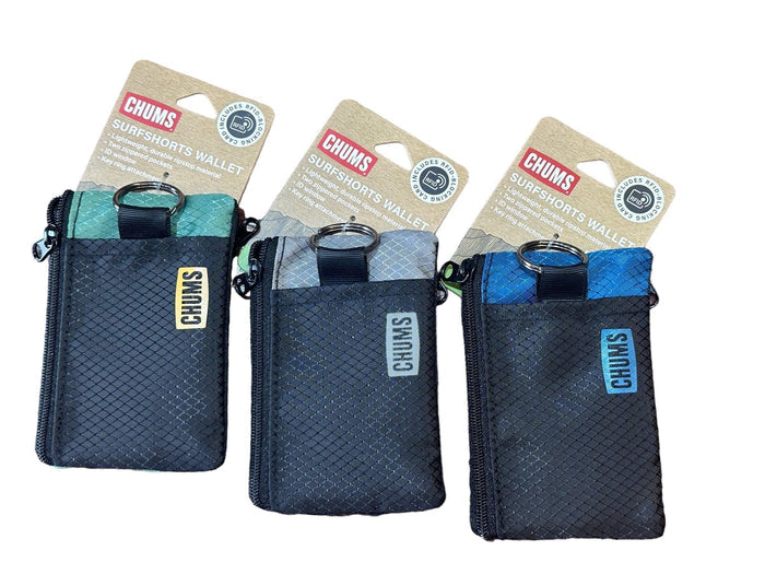 Chums Surfshorts Wallets in green, grey, and blue with zippered pockets and key rings