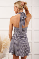 Lucky Heart Halter Mini Dress (Navy/White/Gingham)