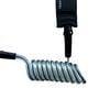 FBC coiled downwind leash for wing foil board, black strap and silver coil design