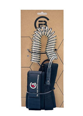 Foil Board Company coiled wingboard knee leash with black neoprene cuff on retail packaging
