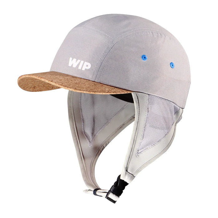 WIP surf cap in shell grey with cork brim and mesh ear flaps for watersports protection