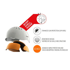 Grey and orange surf cap with internal bump shell, sun protection, and D3O shock absorption padding.