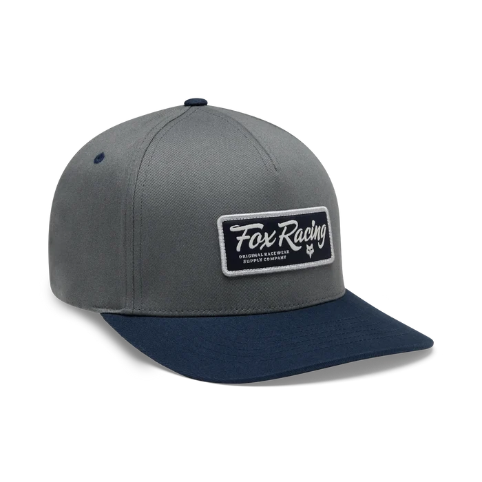 Fox Racing grey and navy snapback cap with embroidered logo patch, watersports apparel