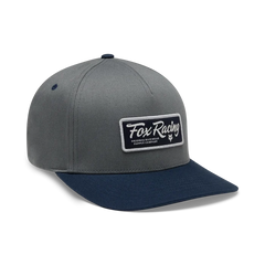 Fox Racing grey and navy snapback cap with embroidered logo patch, watersports apparel