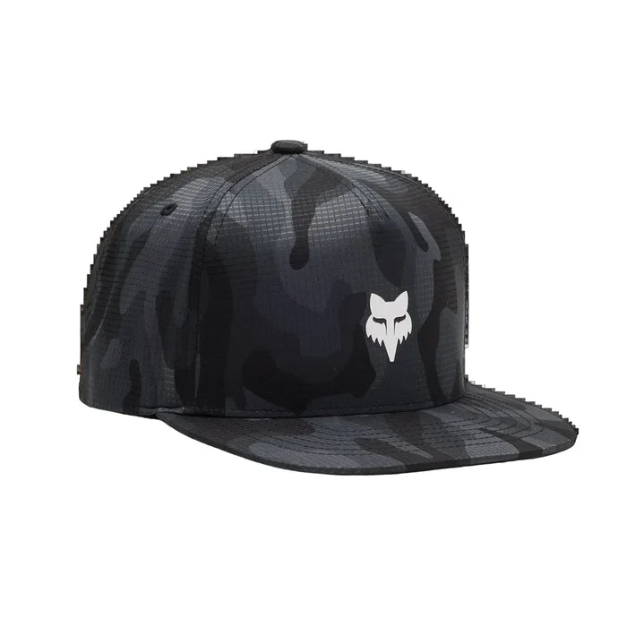Fox Racing black camo snapback hat with white fox logo