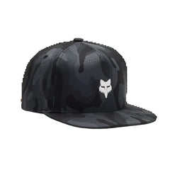 Fox Racing black camo snapback hat with white fox logo