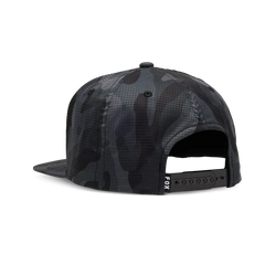 FOX black camo snapback hat with mesh texture and adjustable strap