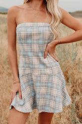 Hold Me Here Strapless Plaid Mini Dress (Light Blue)