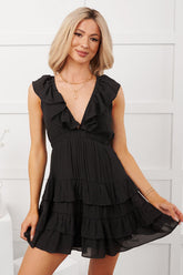 Buttercup Babe Deep V-Neck Ruffle Mini Dress (Black)