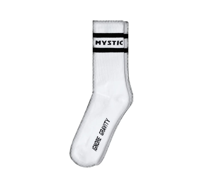 Mystic white socks with black stripes and 'IGNORE GRAVITY' text, watersports gear