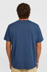Blue O'Neill surf t-shirt, back view, worn by man, watersports apparel