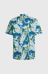 Billabong surf shirt with blue and green tropical floral print, short sleeve beachwear for watersports