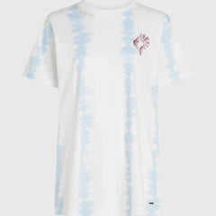 Billabong white tie-dye surf t-shirt with blue stripes and pink logo, watersports apparel for Whitstable