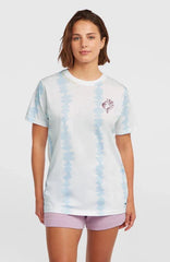 Billabong tie-dye surf tee in white and light blue with purple logo, women's watersports clothing