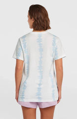 Billabong women's white tie-dye surf t-shirt with light blue pattern, ideal for beachwear and watersports in Whitstable