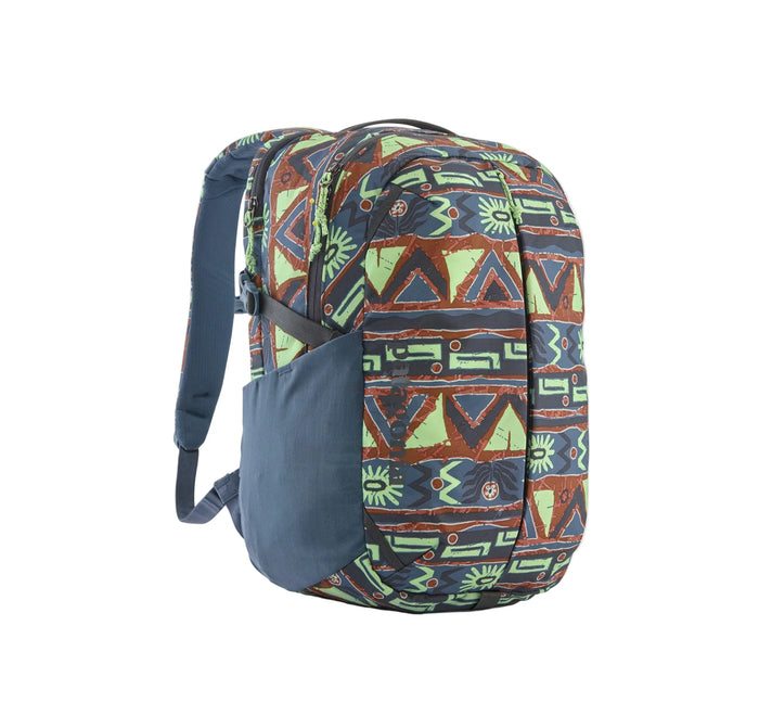 Dragonfly backpack with geometric pattern, blue, green, and brown design for watersports gear
