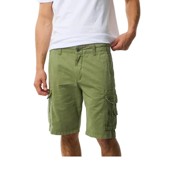 Green cargo shorts with side pockets, ideal for watersports and beachwear