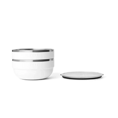 Yeti white insulated bowl with stainless steel rim and matching lid, side by side