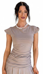 Effortlessly You Ruched Flutter Sleeve Top (Taupe)
