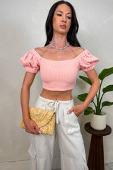 Golden Hour Ready Short Puff Sleeve Crop Top (Pink)