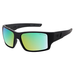 Polarised sunglasses with black frame and green-blue gradient lenses, ideal for watersports.