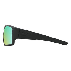 Black Oakley sunglasses with green mirrored lenses for watersports