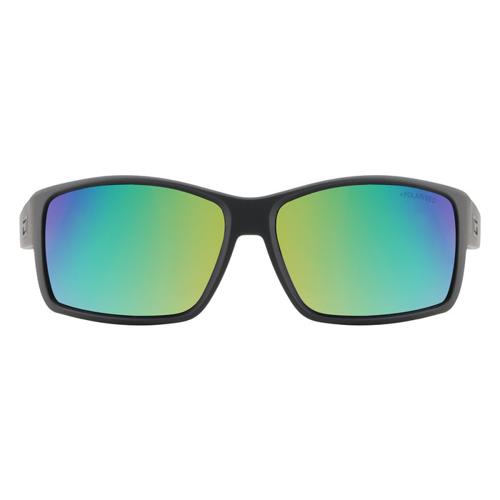 Polarised sunglasses with green-blue gradient lenses and black frame for watersports
