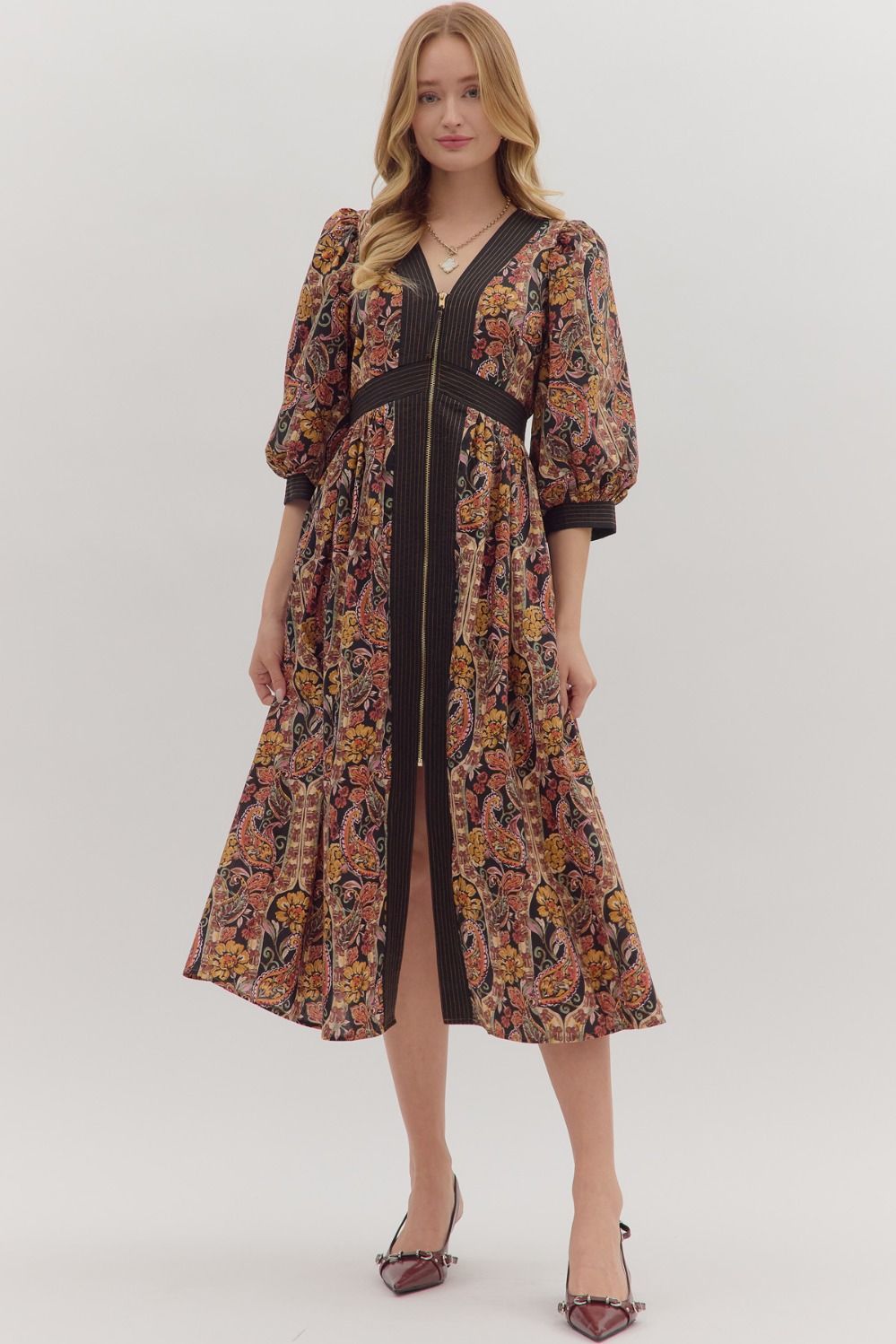 Verena Paisley Puff Sleeve Midi Dress