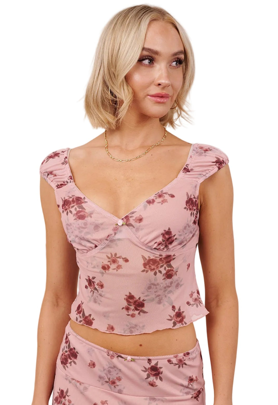 Lovely Days Floral Sweetheart Crop Top (Light Pink/Rose)