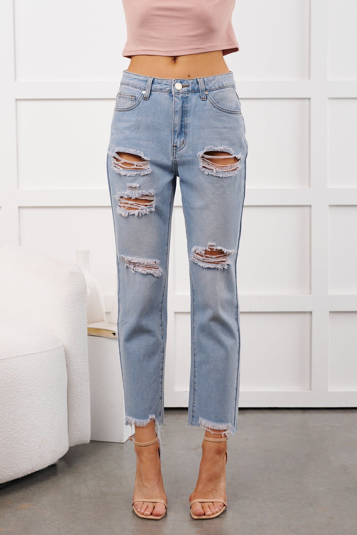 Boone High Rise Distressed Mom Jeans (Light Denim)