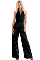 Meant To Win Faux Leather Halter Jumpsuit (Black)