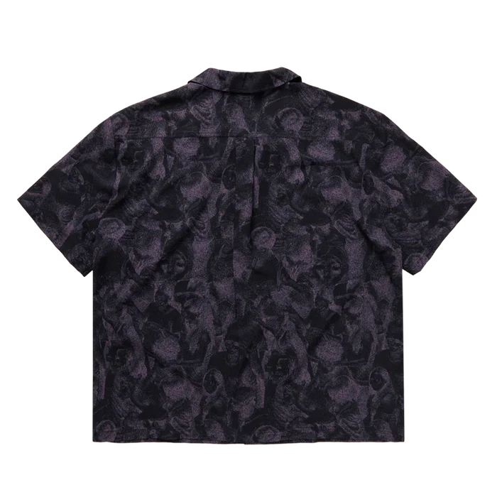 Purple patterned surf shirt with short sleeves and collar, ideal for watersports