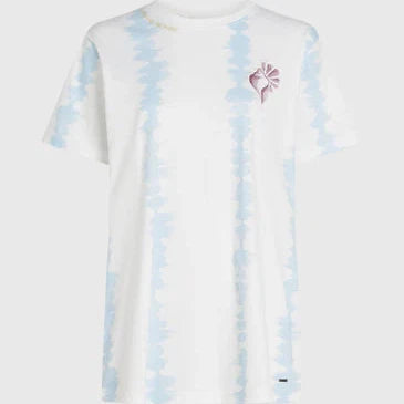 Billabong white tie-dye surf t-shirt with blue stripes and pink logo, watersports apparel for Whitstable