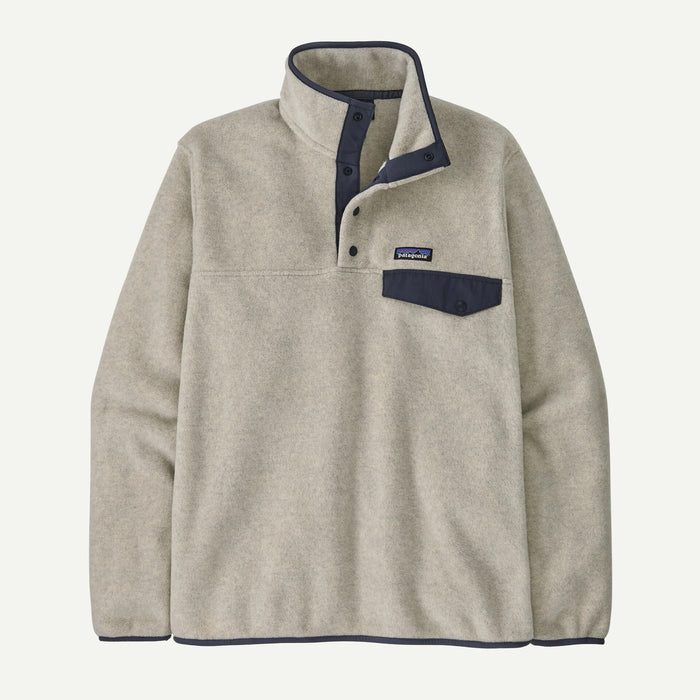 PATAGONIA LIGHTWEIGHT SYNCHILLA SNAP-T PULLOVER OATMEAL HEATHER W/NEW NAVY MENS FLEECE