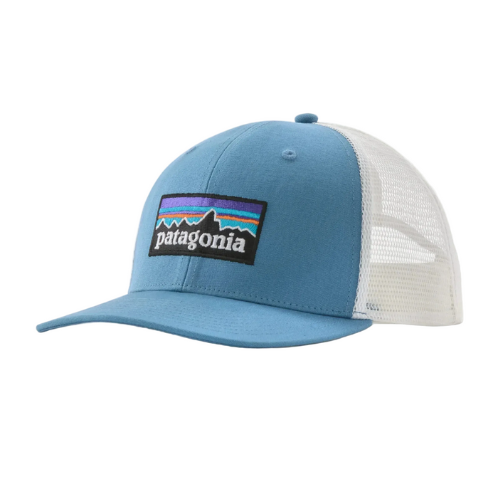Patagonia P-6 Logo trucker hat in shore blue with mesh back, surf clothing accessory