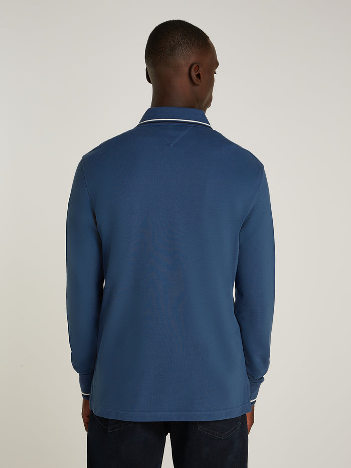 Tipped Long Sleeve Slim Polo in Aegean