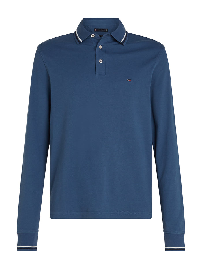 Tipped Long Sleeve Slim Polo in Aegean