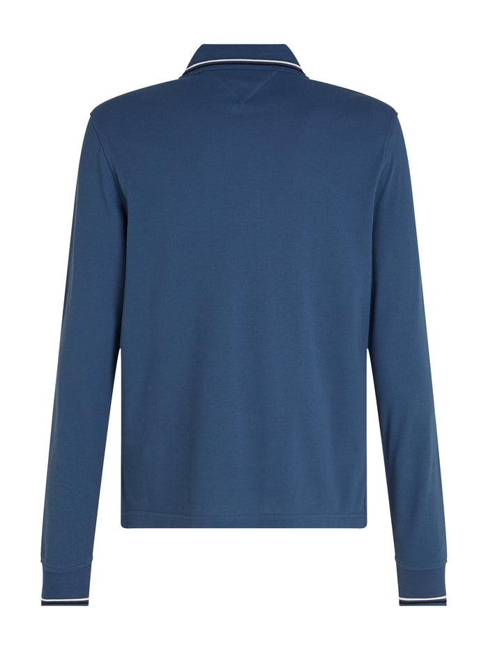Tipped Long Sleeve Slim Polo in Aegean