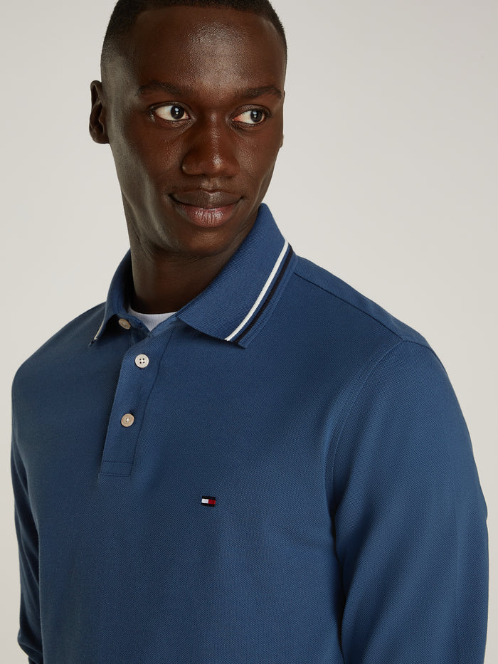 Tipped Long Sleeve Slim Polo in Aegean