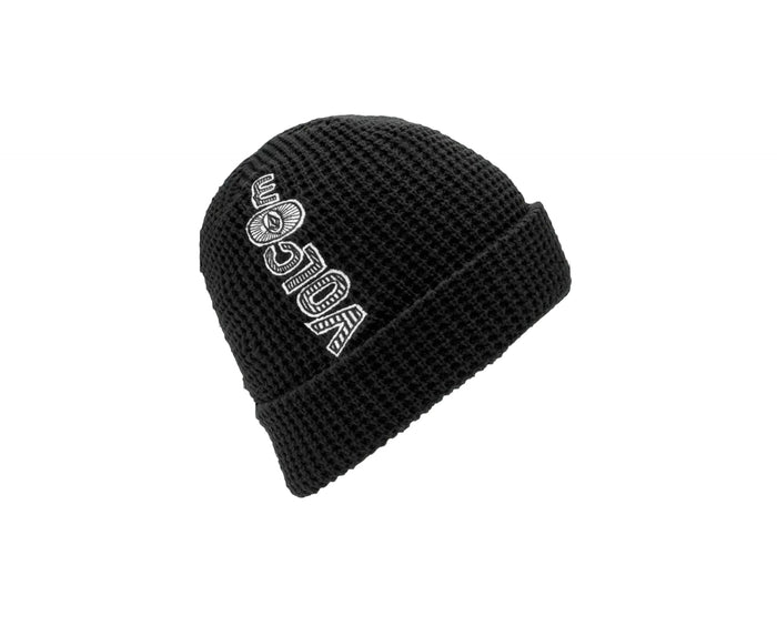 Volcom black waffle knit beanie with white logo, watersports gear