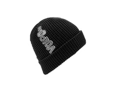 Volcom black waffle knit beanie with white logo, watersports gear
